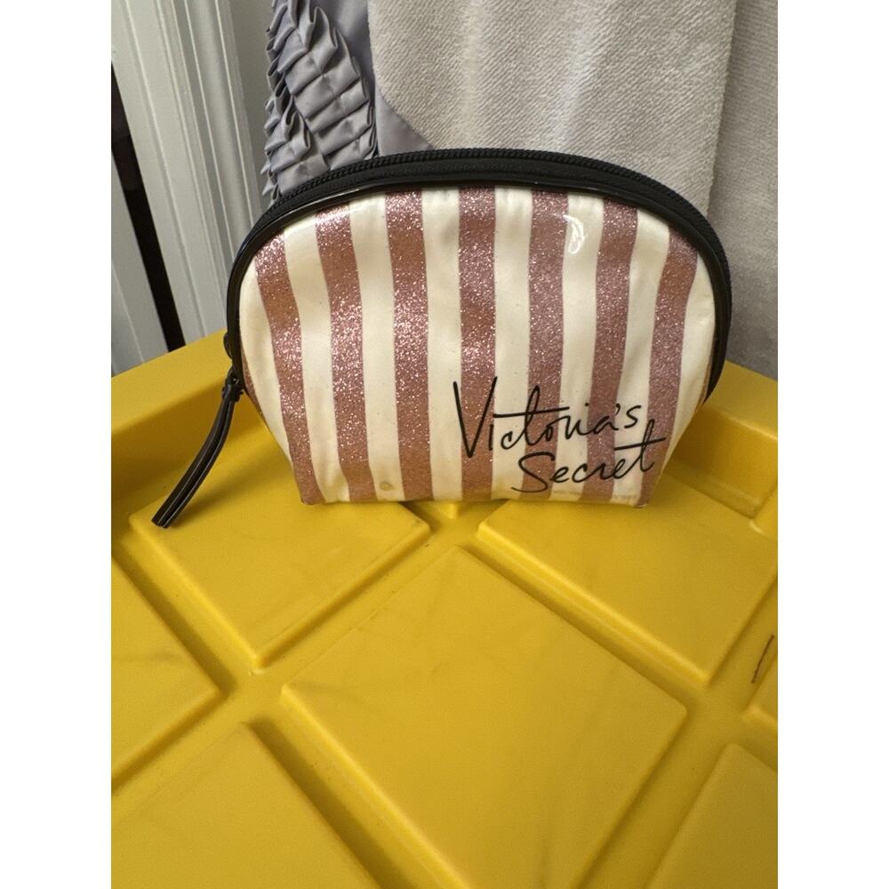 Victoria's Secret Cosmetic Pouch Pink Glitter Striped Toiletry Bag Coquette